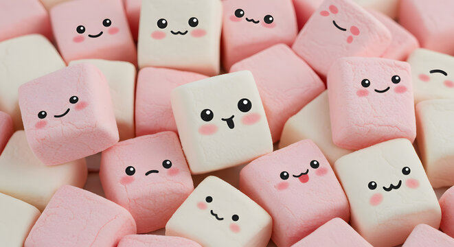 Coquette wallpaper background of cute marshmallows with cute faces