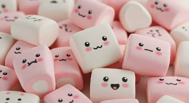 Coquette wallpaper background of cute marshmallows with cute faces