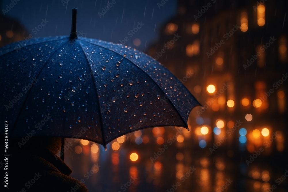 Poster close-up of raindrops on umbrella during night rain with blurred city lights in background creating 