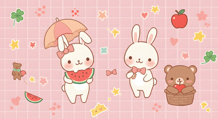 Coquette wallpaper background of rabbit, bear, drawn animals