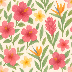 Seamless pattern of tropical flowers including hibiscus and bird of paradise.