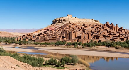 Ancient City in a Desert Valley, River Landscape.