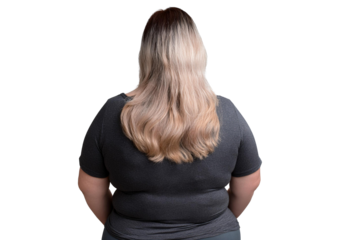 Back view of sweet 30 years old overweighted Scandinavian woman Isolated on Transparent or White Background.