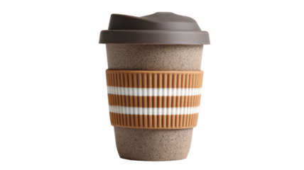 Reusable coffee cup with silicone lid and sleeve cleanly isolated on transparent background