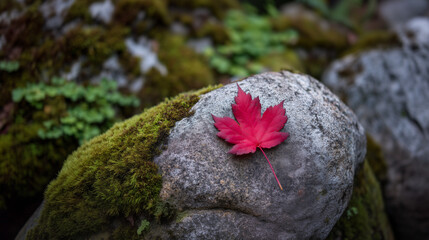 Red maple leaf resting on mossy stone in autumn forest