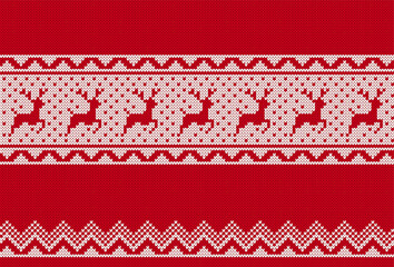 Christmas knitted pattern with deer. Knit sweater print. Xmas seamless background. Festive traditional ornament. Holiday winter texture. Wool scandinavian pullover. Vector illustration.
