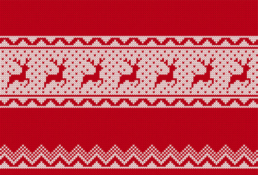 Christmas knitted pattern with deer. Knit sweater print. Xmas seamless background. Festive traditional ornament. Holiday winter texture. Wool scandinavian pullover. Vector illustration.