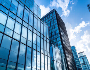 Obraz premium Modern glass office buildings reflecting blue sky and clouds