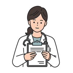 Cartoon Female Doctor Holding Clipboard with Stethoscope Around Neck.
