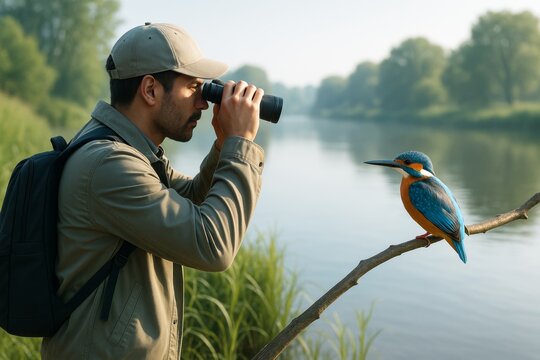 Man birdwatching through binoculars near a river, observing colorful kingfisher on branch in peaceful outdoor setting during daylight. Ai generative