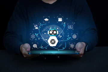 AI Artificial Intelligence and Education technology concept. A man use laptops, Learn lessons and online webinars successfully in modern digital learning, Courses to develop new skills. E-learning.	