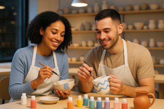 Couple painting ceramic pottery together at workshop table, smiling and enjoying creative hobby with colorful paints in cozy light background setting. Ai generative