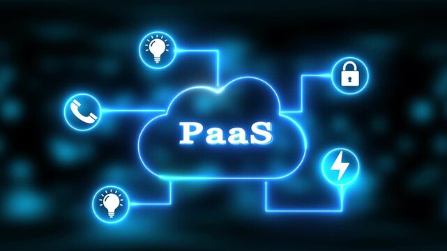 Neon Blue Cloud Computing Diagram with Paa S and Icons for Security, Communication, and Growth PaaS