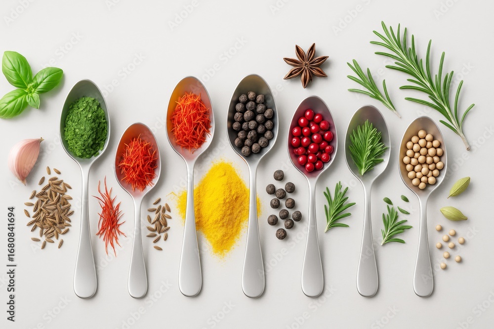 Poster assorted colorful spices and herbs in spoons arranged in a row on white background, representing foo