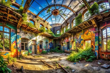 Obraz premium Panoramic View of Abandoned Graffiti Building - Nostalgia and Urban Decay