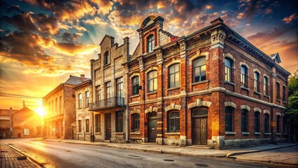 Fototapeta premium Retro Building Facade Reflecting Golden Hour Sunlight, Evoking Sentimental Memories