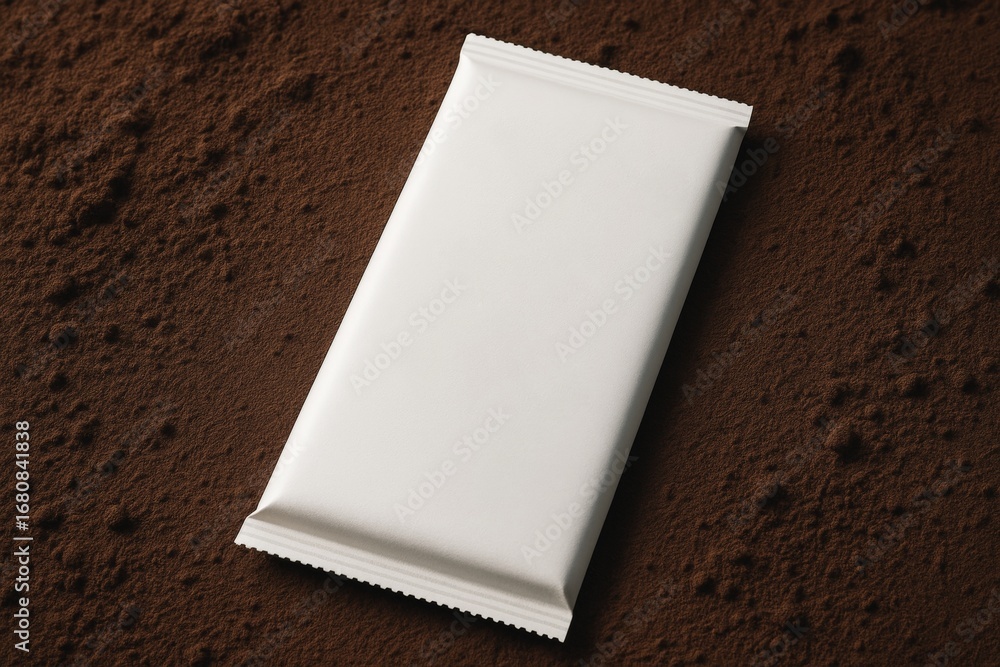 Poster blank white chocolate bar packaging mockup on textured cocoa powder background for branding and pres