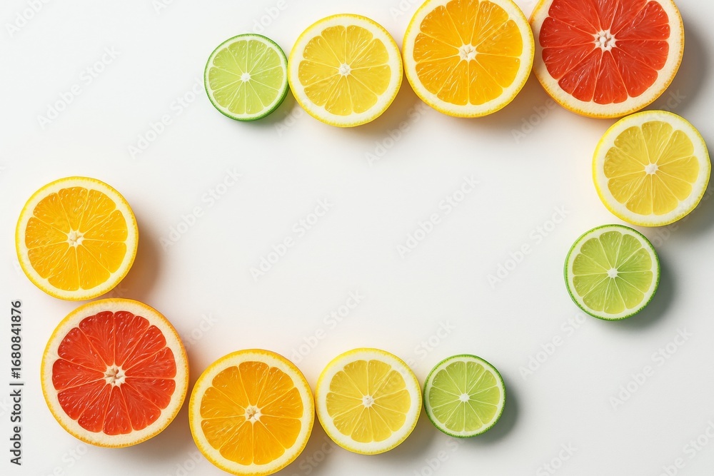 Poster citrus fruit slices arranged in a rectangle shape on white background with empty copyspace in center