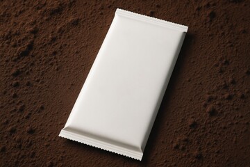 Fototapeta premium Blank white chocolate bar packaging mockup on textured cocoa powder background for branding and presentation design concepts. Ai generative