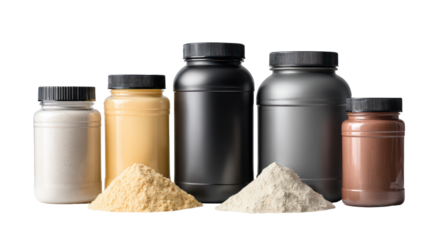 Set of fitness supplement bottles including whey protein and vitamins on transparent background