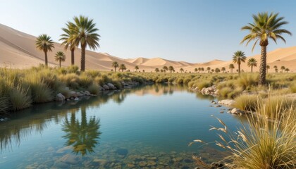 Obraz premium “Fresh oasis scene with clean water pond, date palms, and wild grass forming a natural retreat in the middle of vast sandy desert.” 