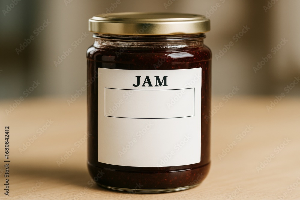 Poster glass jar filled with dark red jam and blank label, placed on wooden table with soft light and blurr