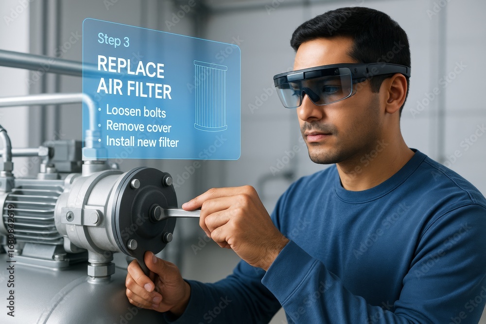 Aufkleber technician using augmented reality glasses to follow air filter replacement steps in industrial envi