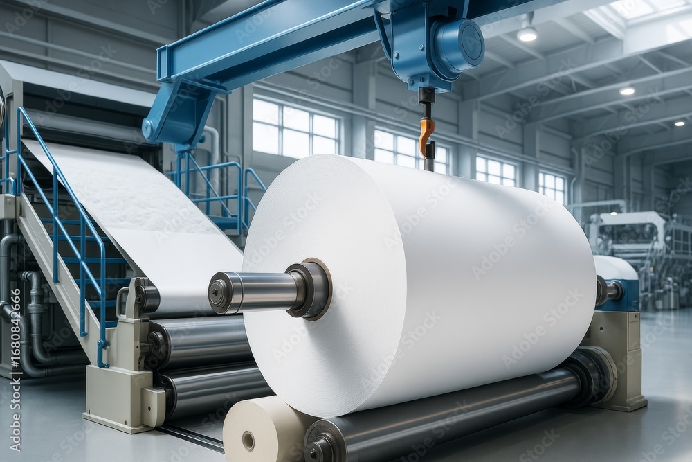 Poster large paper roll on industrial machine in modern factory with bright light background and metallic e