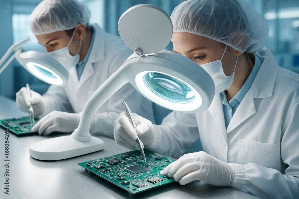 Poster technicians in cleanroom suits inspecting microchips under magnifying lamps in a high-tech lab with 