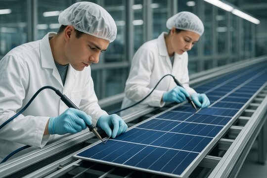 Technicians assembling solar panels on production line in modern factory, focused on precision work wearing lab coats and gloves. Ai generative - Powered by Adobe