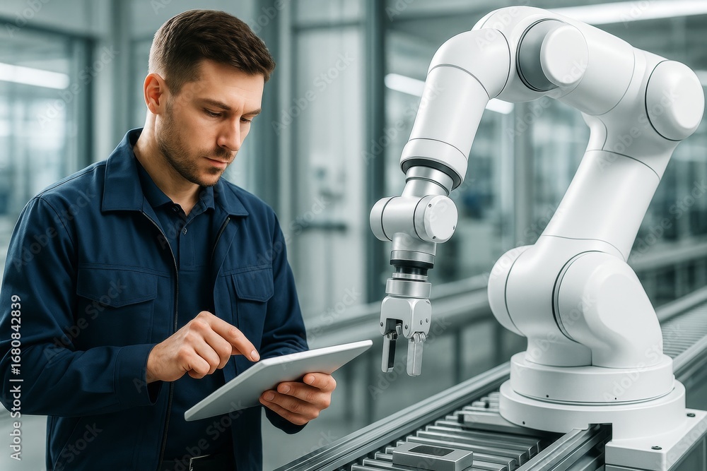 Poster engineer operating robotic arm with tablet in modern factory environment, showcasing industrial auto