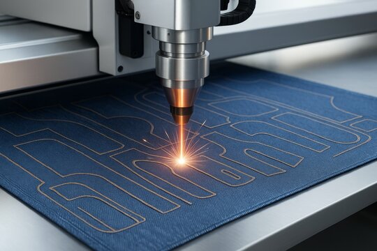 Close-up of industrial laser cutting machine engraving patterns on blue denim fabric with sparks flying on metallic background in studio light setup. Ai generative