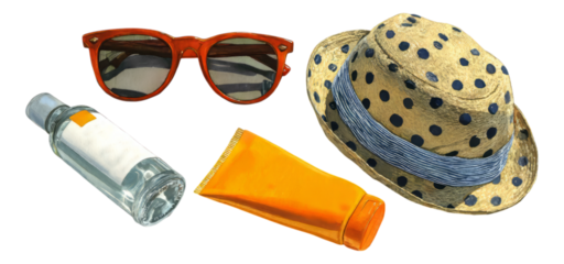 Summer Beach Essentials: Sunglasses, Hat, Sunscreen, and Towel