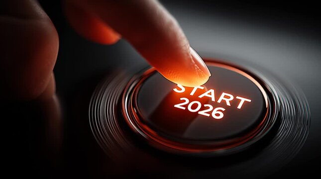 2026, 2025, jahreswechsel, silveser, jahreswend,e start, knopf, button, dr&auml;ngen, 3d, start, business, ruten, icon, auto, haltestelle, auffassung, beherrschen, rot, dr&uuml;cken, rund, technik, metall, helf
