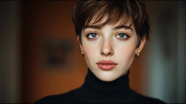 Close-up Portrait of a Young Woman with Short Hair and Green Eyes