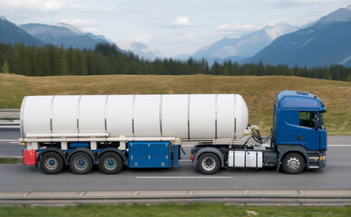 Road Tanker With Engaged Tank Trailer For Export Import On Intercity Shipping Route
