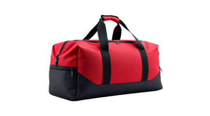 Red and Black Travel Backpack with Top Handle and Zippers on Transparent Background