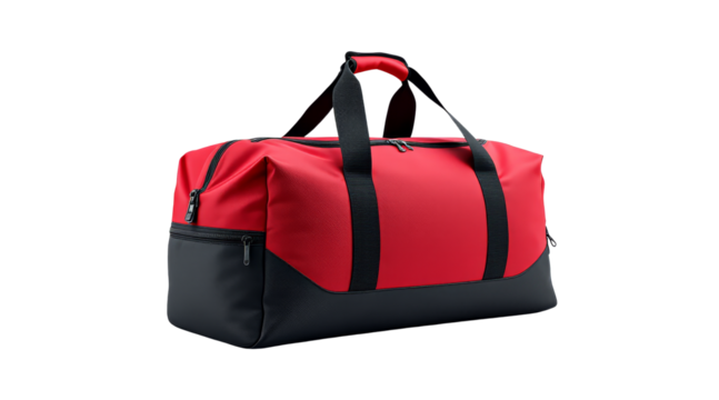 Red and Black Travel Backpack with Top Handle and Zippers on Transparent Background