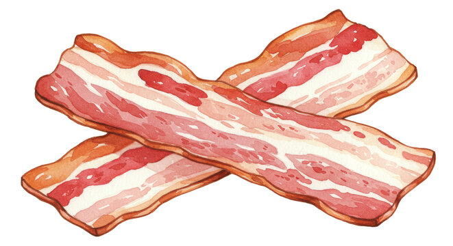 Watercolor illustration of two crossed bacon strips with distinct red and white marbling details shown