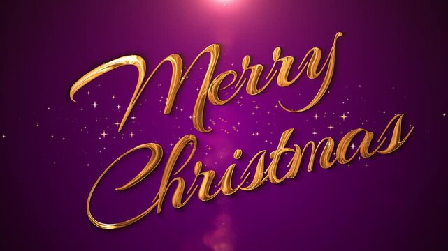 Elegant golden &ldquo;Merry Chris&rdquo; text animation with sparkling particles and glowing light effects on a purple background. Perfect for holiday greetings, festive intros, and New Year celebration projects.