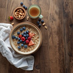 Healthy bowl of oatmeal with fresh berries, nuts, and a glass of milk for a balanced breakfast