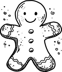 Hand-Drawn Smiling gingerbread man cookie with decorative icing and festive details on transparent background, Line art