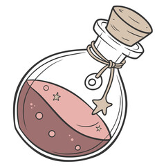Vector art of cartoon illustration of a potion bottle with pink liquid, stars, and a cork stopper, perfect for fantasy, magic, and witchcraft themes, , with a vintage and whimsical style