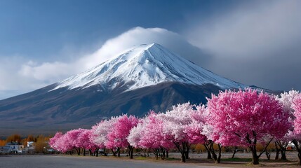 Fototapeta premium Majestic mountain peak, covered in snow, and vibrant pink cherry blossoms line a road, under a clear blue sky