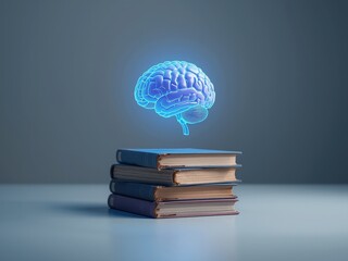 A student gains wisdom and knowledge from a large stack of books, a laptop, and other objects for learning