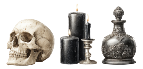 Detailed Skull, Candles, and Antique Bottle on Isolated Background