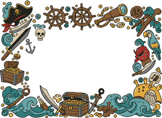 Pirate Day Frame with Treasure Chest, Parrot, and Skull in Doodle Style. International Talk Like a Pirate Day