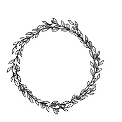 Twigs with leaves on round frames and flower corners, black and white sketch, simple drawing. Vector illustration. Floral botanical wreath, a set of silhouettes isolated on a white background.