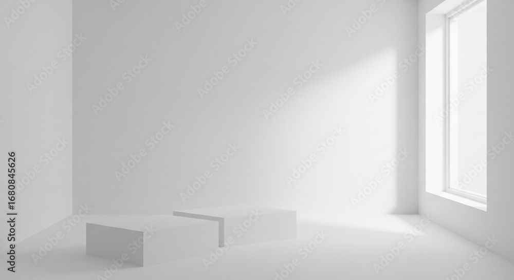Poster minimalist white room with two rectangular podiums and a window casting light across the space