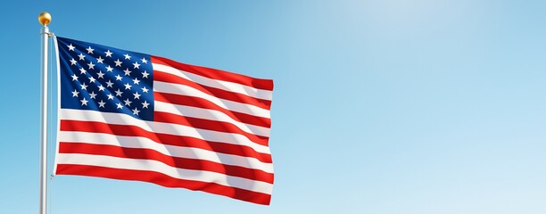 Fototapeta premium Waving national flag with stars and stripes on pole against blue sky background with copyspace for patriotic graphic design and promotion concepts.